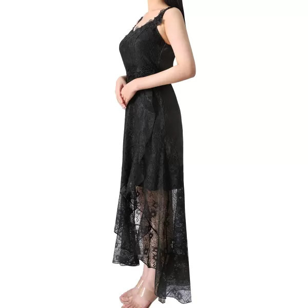 VFSHOW Womens Floral Lace Spaghetti Strap Applique Ruffle Split Formal Evening Gown Wedding Aline Maxi DressBlack Floral Lace