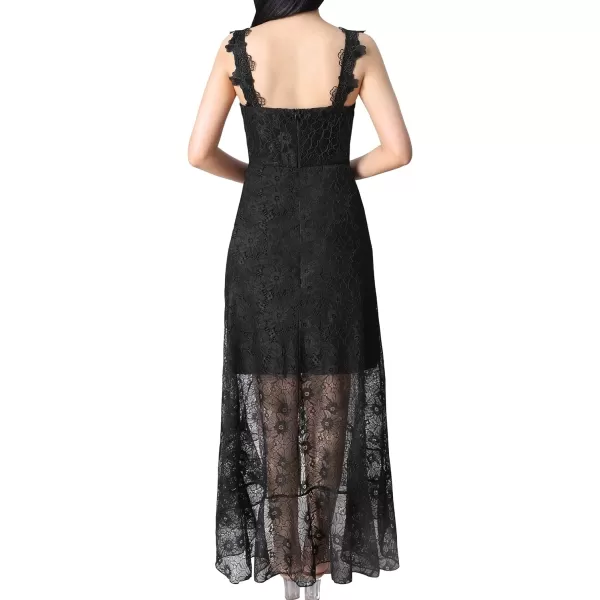 VFSHOW Womens Floral Lace Spaghetti Strap Applique Ruffle Split Formal Evening Gown Wedding Aline Maxi DressBlack Floral Lace