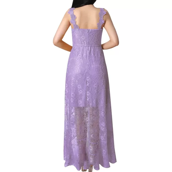 VFSHOW Womens Floral Lace Spaghetti Strap Applique Ruffle Split Formal Evening Gown Wedding Aline Maxi DressLight Purple Floral Lace