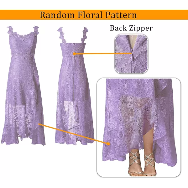 VFSHOW Womens Floral Lace Spaghetti Strap Applique Ruffle Split Formal Evening Gown Wedding Aline Maxi DressLight Purple Floral Lace