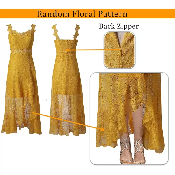 VFSHOW Womens Floral Lace Spaghetti Strap Applique Ruffle Split Formal Evening Gown Wedding Aline Maxi DressYellow Floral Lace