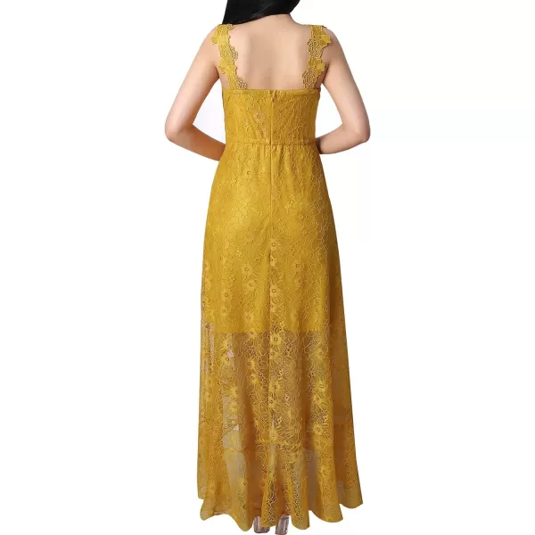 VFSHOW Womens Floral Lace Spaghetti Strap Applique Ruffle Split Formal Evening Gown Wedding Aline Maxi DressYellow Floral Lace