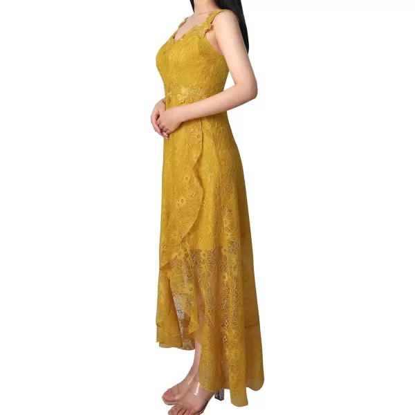 VFSHOW Womens Floral Lace Spaghetti Strap Applique Ruffle Split Formal Evening Gown Wedding Aline Maxi DressYellow Floral Lace