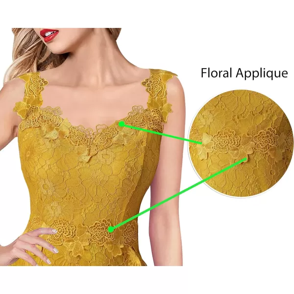 VFSHOW Womens Floral Lace Spaghetti Strap Applique Ruffle Split Formal Evening Gown Wedding Aline Maxi DressYellow Floral Lace