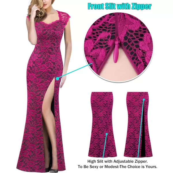 VFSHOW Womens Floral Lace Sweetheart Neck Open Back Zipper High Split Formal Evening Gown Wedding Prom Maxi Long DressHot Pink Lace Black Lining