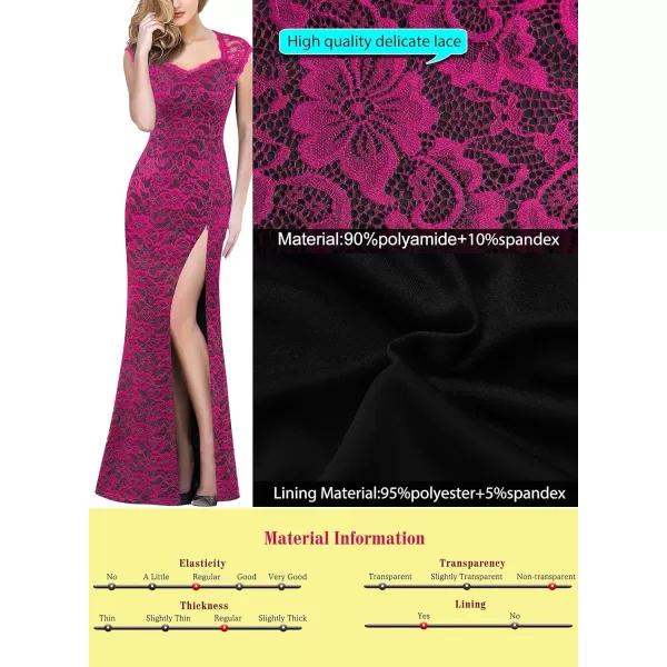 VFSHOW Womens Floral Lace Sweetheart Neck Open Back Zipper High Split Formal Evening Gown Wedding Prom Maxi Long DressHot Pink Lace Black Lining