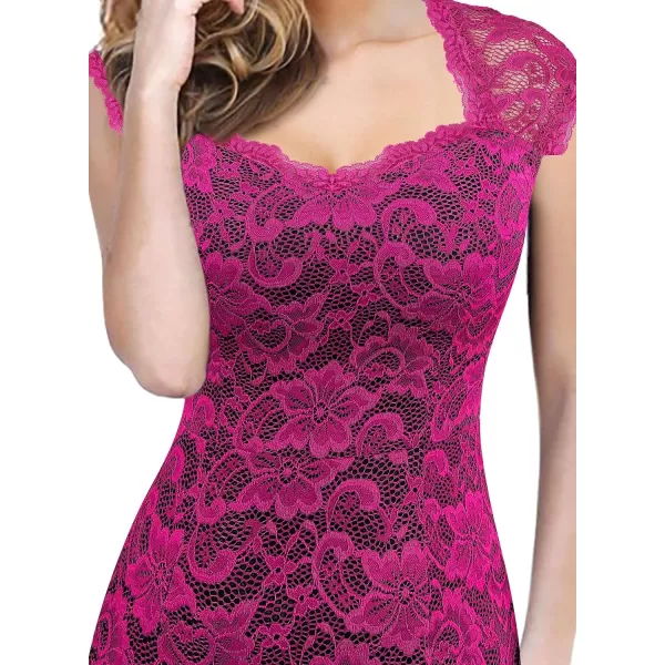 VFSHOW Womens Floral Lace Sweetheart Neck Open Back Zipper High Split Formal Evening Gown Wedding Prom Maxi Long DressHot Pink Lace Black Lining