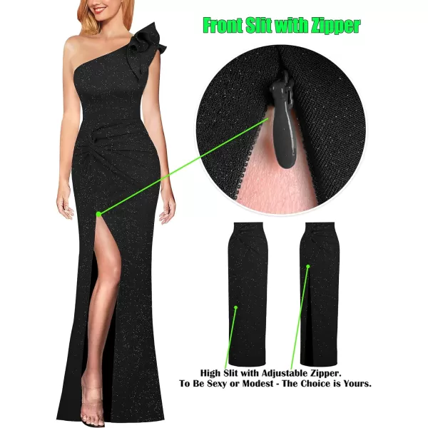 VFSHOW Womens Formal Elegant Ruffle One Shoulder Twist Knot Fitted High Slit Maxi Dress Cocktail Prom Evening Long GownSparkly Black