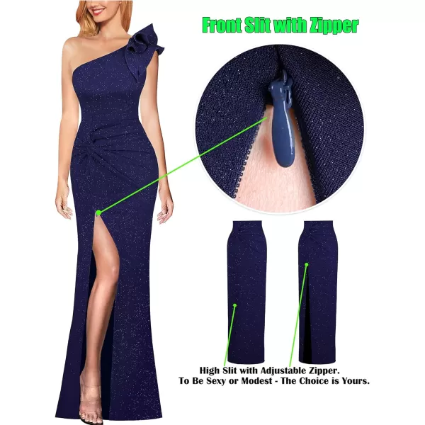 VFSHOW Womens Formal Elegant Ruffle One Shoulder Twist Knot Fitted High Slit Maxi Dress Cocktail Prom Evening Long GownSparkly Dark Blue