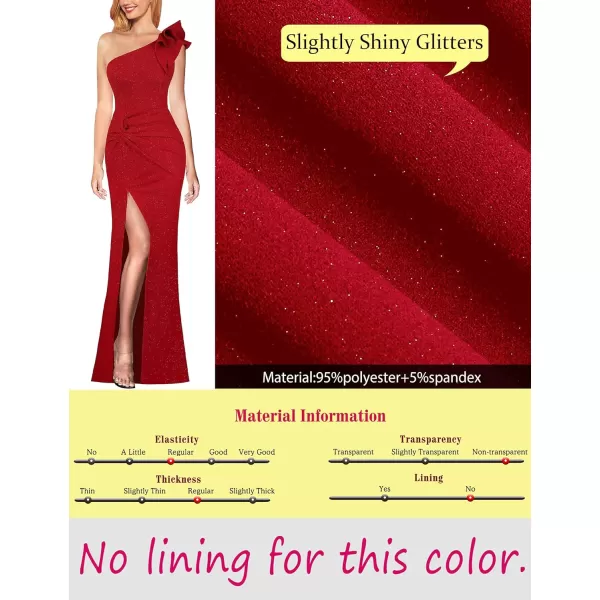 VFSHOW Womens Formal Elegant Ruffle One Shoulder Twist Knot Fitted High Slit Maxi Dress Cocktail Prom Evening Long GownSparkly Red