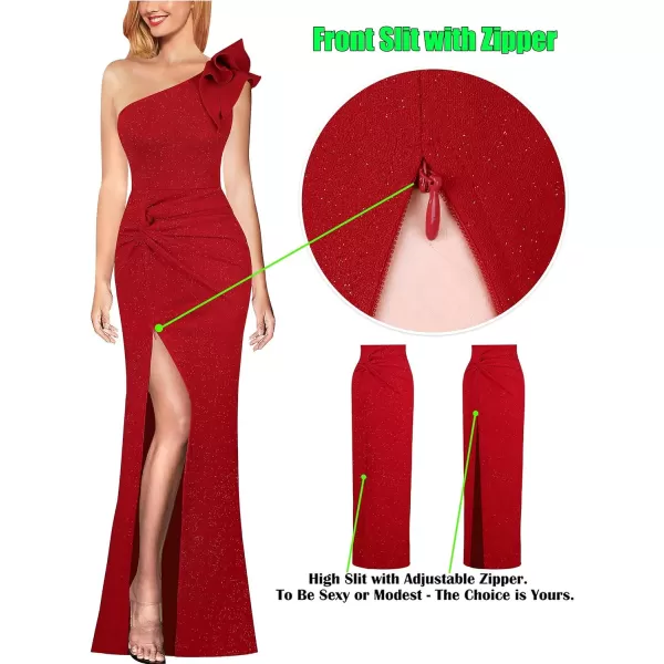 VFSHOW Womens Formal Elegant Ruffle One Shoulder Twist Knot Fitted High Slit Maxi Dress Cocktail Prom Evening Long GownSparkly Red