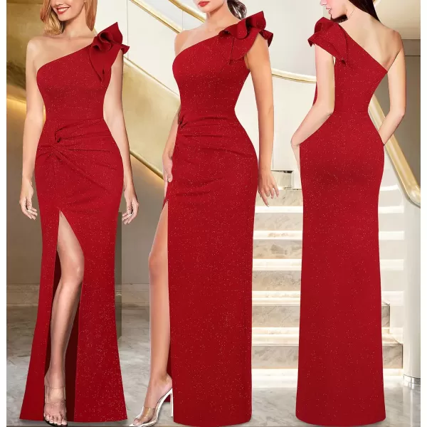 VFSHOW Womens Formal Elegant Ruffle One Shoulder Twist Knot Fitted High Slit Maxi Dress Cocktail Prom Evening Long GownSparkly Red