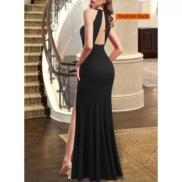 VFSHOW Womens Formal Illusion Halter Keyhole Back Prom High Slit Maxi Dress Wedding Guest Applique Twist Front Evening GownSparkly Black