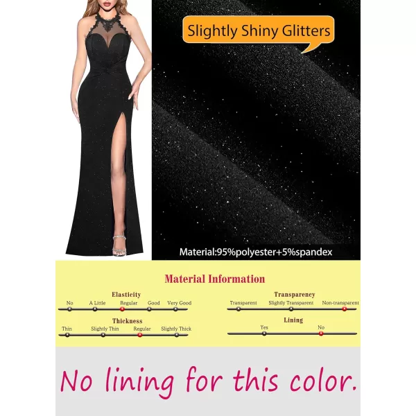 VFSHOW Womens Formal Illusion Halter Keyhole Back Prom High Slit Maxi Dress Wedding Guest Applique Twist Front Evening GownSparkly Black