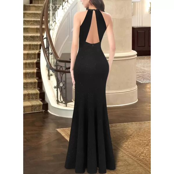 VFSHOW Womens Formal Illusion Halter Keyhole Back Prom High Slit Maxi Dress Wedding Guest Applique Twist Front Evening GownSparkly Black