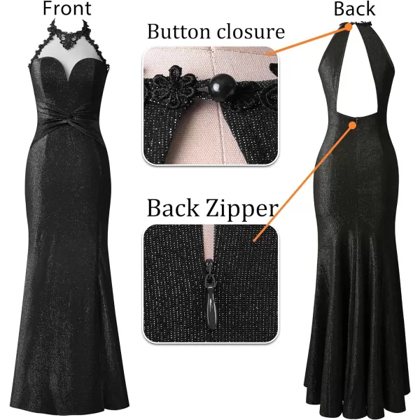 VFSHOW Womens Formal Illusion Halter Keyhole Back Prom High Slit Maxi Dress Wedding Guest Applique Twist Front Evening GownSparkly Black2