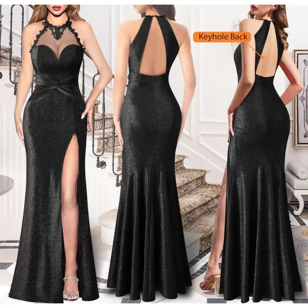 VFSHOW Womens Formal Illusion Halter Keyhole Back Prom High Slit Maxi Dress Wedding Guest Applique Twist Front Evening GownSparkly Black2