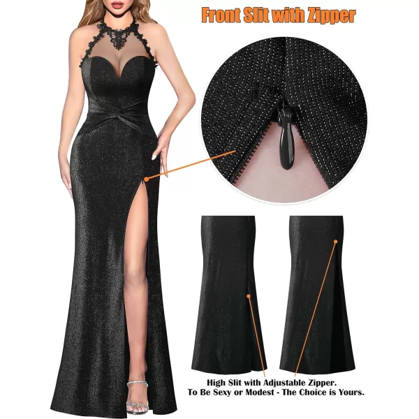 VFSHOW Womens Formal Illusion Halter Keyhole Back Prom High Slit Maxi Dress Wedding Guest Applique Twist Front Evening GownSparkly Black2