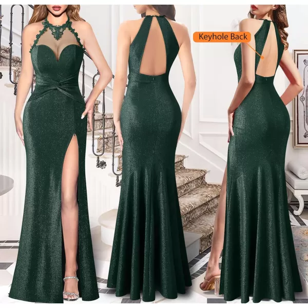 VFSHOW Womens Formal Illusion Halter Keyhole Back Prom High Slit Maxi Dress Wedding Guest Applique Twist Front Evening GownSparkly Dark Green