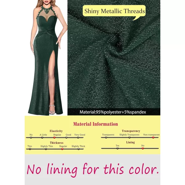 VFSHOW Womens Formal Illusion Halter Keyhole Back Prom High Slit Maxi Dress Wedding Guest Applique Twist Front Evening GownSparkly Dark Green