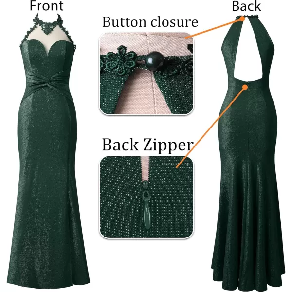 VFSHOW Womens Formal Illusion Halter Keyhole Back Prom High Slit Maxi Dress Wedding Guest Applique Twist Front Evening GownSparkly Dark Green