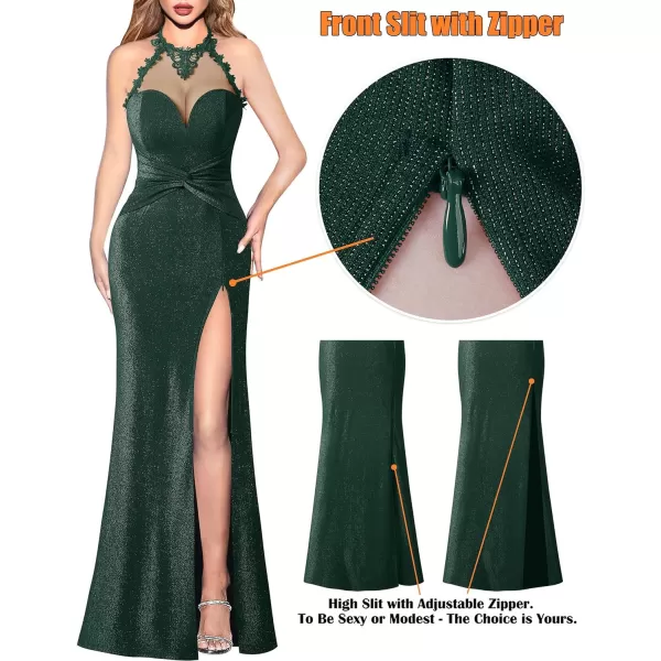 VFSHOW Womens Formal Illusion Halter Keyhole Back Prom High Slit Maxi Dress Wedding Guest Applique Twist Front Evening GownSparkly Dark Green