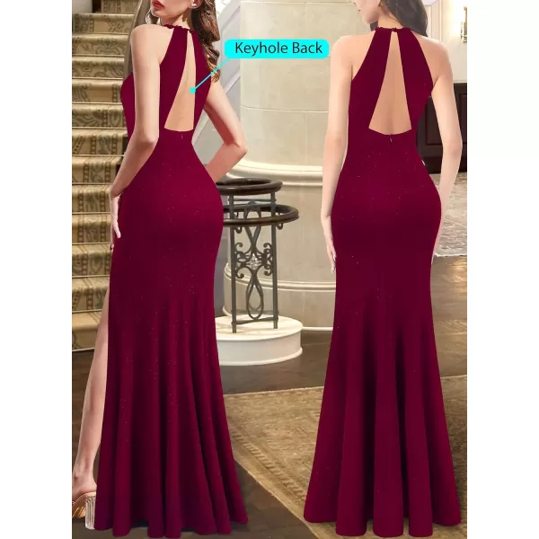 VFSHOW Womens Formal Illusion Halter Keyhole Back Prom High Slit Maxi Dress Wedding Guest Applique Twist Front Evening GownSparkly Dark Red