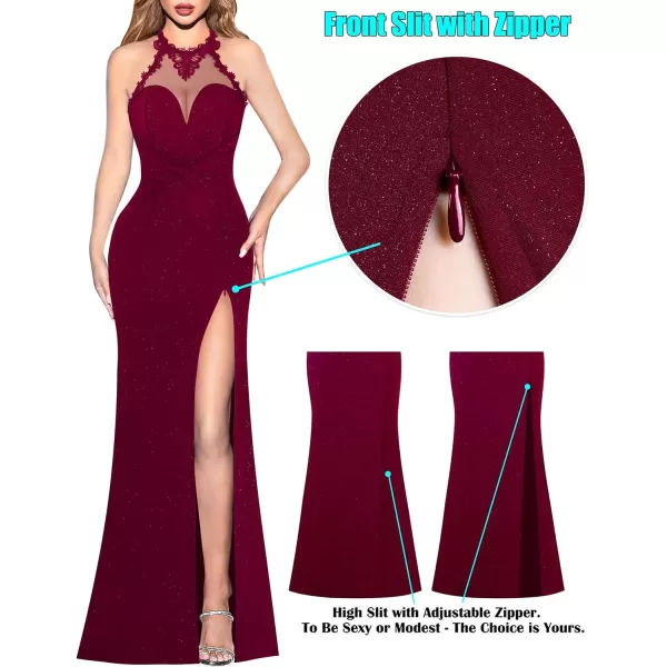 VFSHOW Womens Formal Illusion Halter Keyhole Back Prom High Slit Maxi Dress Wedding Guest Applique Twist Front Evening GownSparkly Dark Red