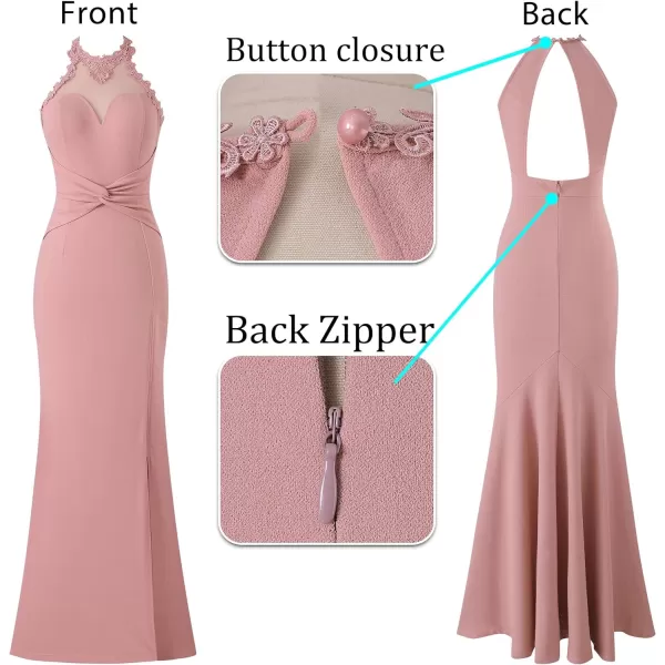 VFSHOW Womens Formal Illusion Halter Keyhole Back Prom High Slit Maxi Dress Wedding Guest Applique Twist Front Evening GownSparkly Dusty Pink