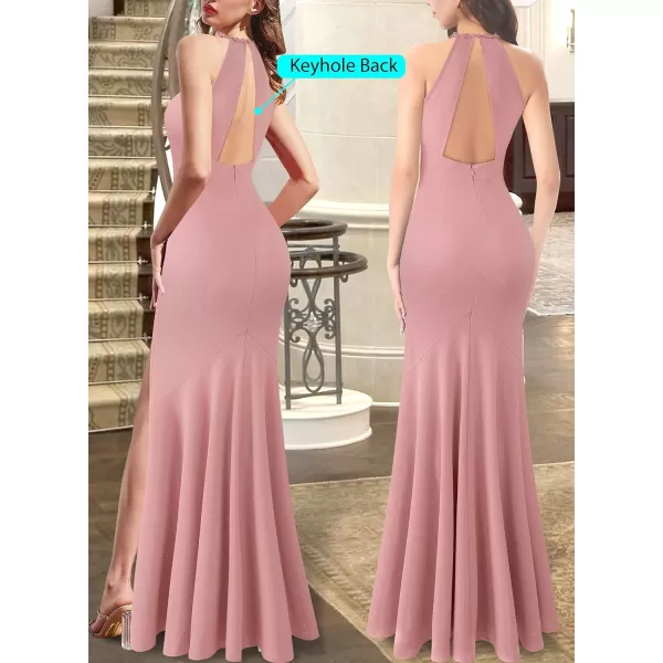 VFSHOW Womens Formal Illusion Halter Keyhole Back Prom High Slit Maxi Dress Wedding Guest Applique Twist Front Evening GownSparkly Dusty Pink