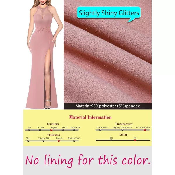 VFSHOW Womens Formal Illusion Halter Keyhole Back Prom High Slit Maxi Dress Wedding Guest Applique Twist Front Evening GownSparkly Dusty Pink