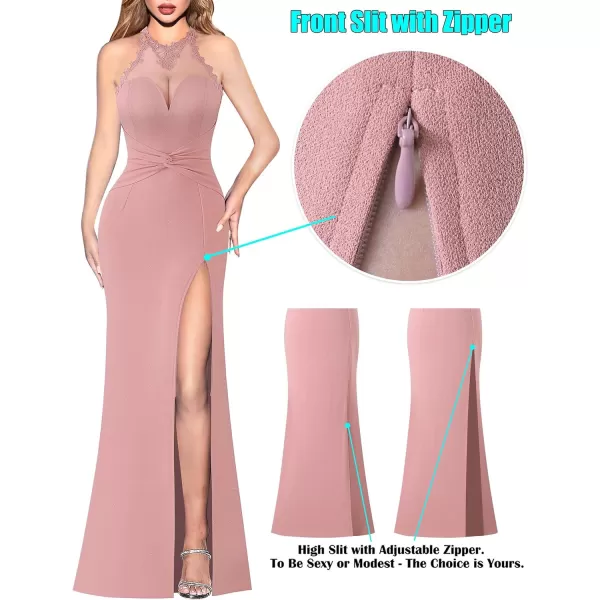 VFSHOW Womens Formal Illusion Halter Keyhole Back Prom High Slit Maxi Dress Wedding Guest Applique Twist Front Evening GownSparkly Dusty Pink