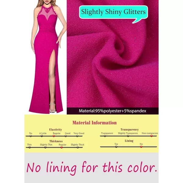 VFSHOW Womens Formal Illusion Halter Keyhole Back Prom High Slit Maxi Dress Wedding Guest Applique Twist Front Evening GownSparkly Hot Pink