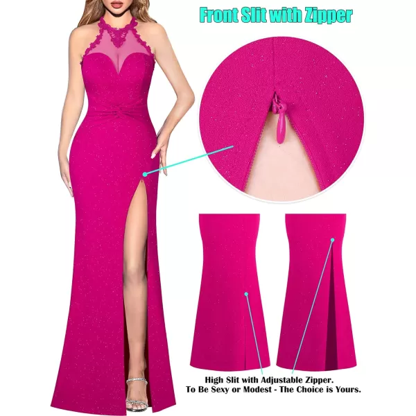 VFSHOW Womens Formal Illusion Halter Keyhole Back Prom High Slit Maxi Dress Wedding Guest Applique Twist Front Evening GownSparkly Hot Pink