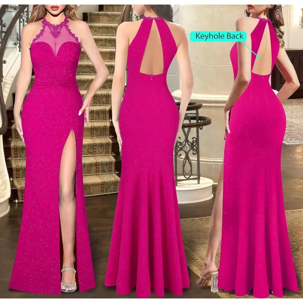 VFSHOW Womens Formal Illusion Halter Keyhole Back Prom High Slit Maxi Dress Wedding Guest Applique Twist Front Evening GownSparkly Hot Pink