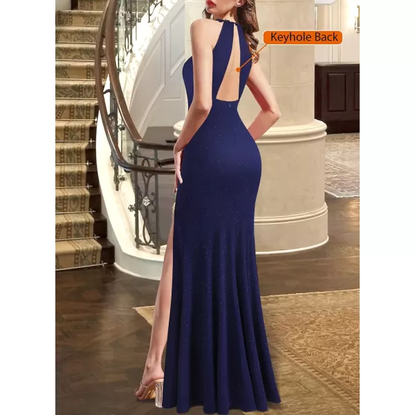 VFSHOW Womens Formal Illusion Halter Keyhole Back Prom High Slit Maxi Dress Wedding Guest Applique Twist Front Evening GownSparkly Navy Blue