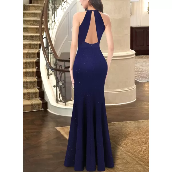 VFSHOW Womens Formal Illusion Halter Keyhole Back Prom High Slit Maxi Dress Wedding Guest Applique Twist Front Evening GownSparkly Navy Blue