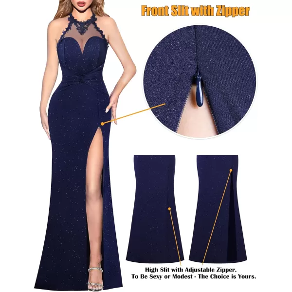 VFSHOW Womens Formal Illusion Halter Keyhole Back Prom High Slit Maxi Dress Wedding Guest Applique Twist Front Evening GownSparkly Navy Blue