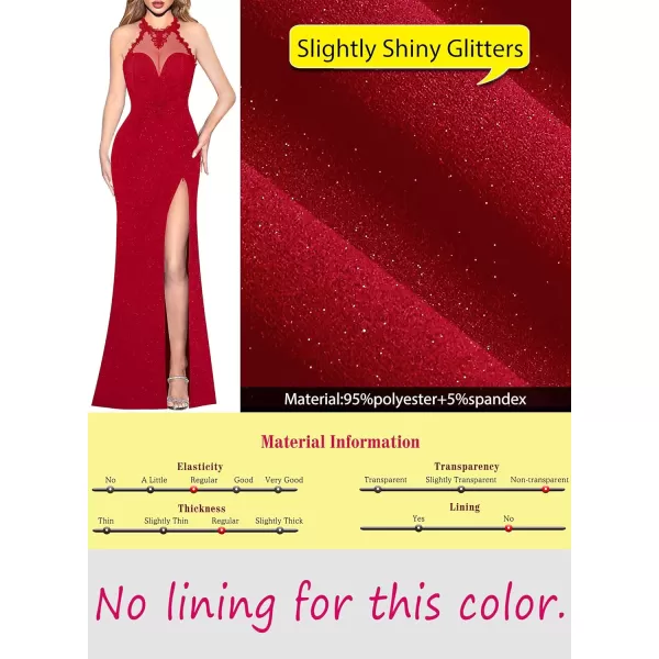 VFSHOW Womens Formal Illusion Halter Keyhole Back Prom High Slit Maxi Dress Wedding Guest Applique Twist Front Evening GownSparkly Red