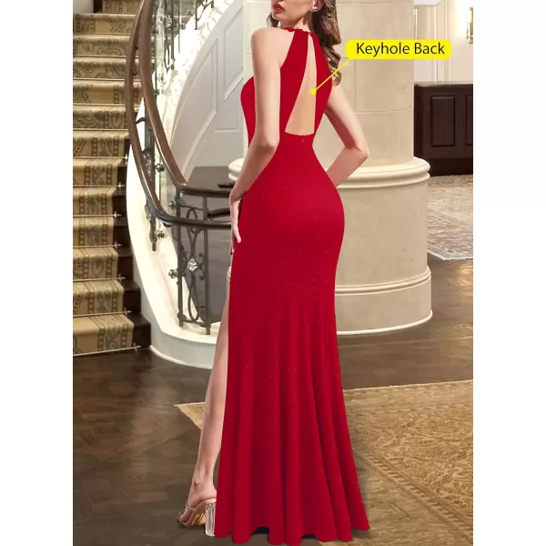 VFSHOW Womens Formal Illusion Halter Keyhole Back Prom High Slit Maxi Dress Wedding Guest Applique Twist Front Evening GownSparkly Red