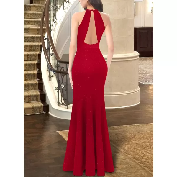 VFSHOW Womens Formal Illusion Halter Keyhole Back Prom High Slit Maxi Dress Wedding Guest Applique Twist Front Evening GownSparkly Red