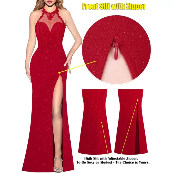 VFSHOW Womens Formal Illusion Halter Keyhole Back Prom High Slit Maxi Dress Wedding Guest Applique Twist Front Evening GownSparkly Red