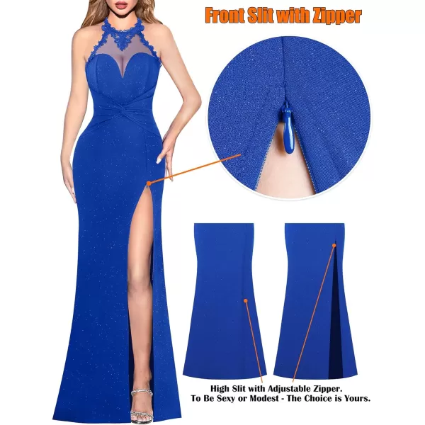 VFSHOW Womens Formal Illusion Halter Keyhole Back Prom High Slit Maxi Dress Wedding Guest Applique Twist Front Evening GownSparkly Royal Blue