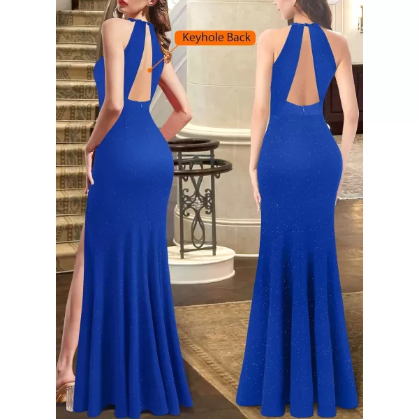 VFSHOW Womens Formal Illusion Halter Keyhole Back Prom High Slit Maxi Dress Wedding Guest Applique Twist Front Evening GownSparkly Royal Blue