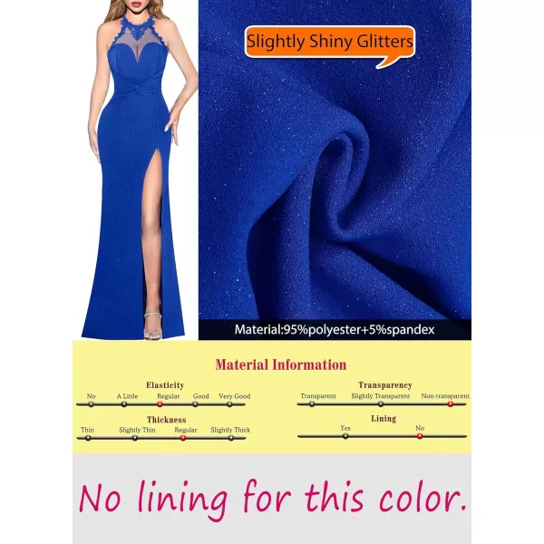 VFSHOW Womens Formal Illusion Halter Keyhole Back Prom High Slit Maxi Dress Wedding Guest Applique Twist Front Evening GownSparkly Royal Blue