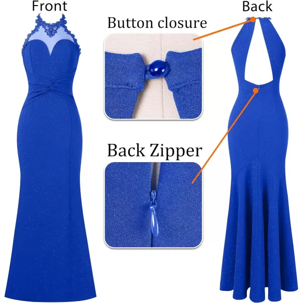 VFSHOW Womens Formal Illusion Halter Keyhole Back Prom High Slit Maxi Dress Wedding Guest Applique Twist Front Evening GownSparkly Royal Blue