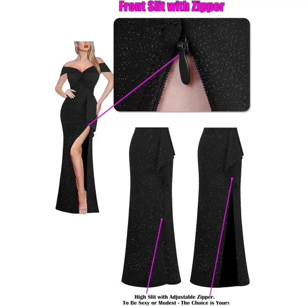 VFSHOW Womens Formal Off Shoulder Ruched Ruffle Prom Wedding Guest Maxi Dress Twist Front 2023 High Split Evening Long GownSparkly Black