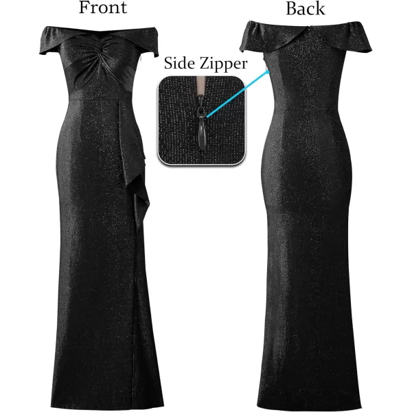 VFSHOW Womens Formal Off Shoulder Ruched Ruffle Prom Wedding Guest Maxi Dress Twist Front 2023 High Split Evening Long GownSparkly Black2