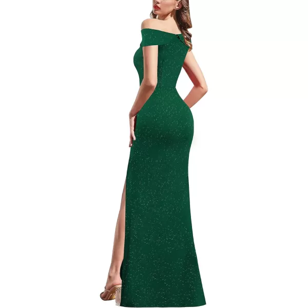 VFSHOW Womens Formal Off Shoulder Ruched Ruffle Prom Wedding Guest Maxi Dress Twist Front 2023 High Split Evening Long GownSparkly Dark Green