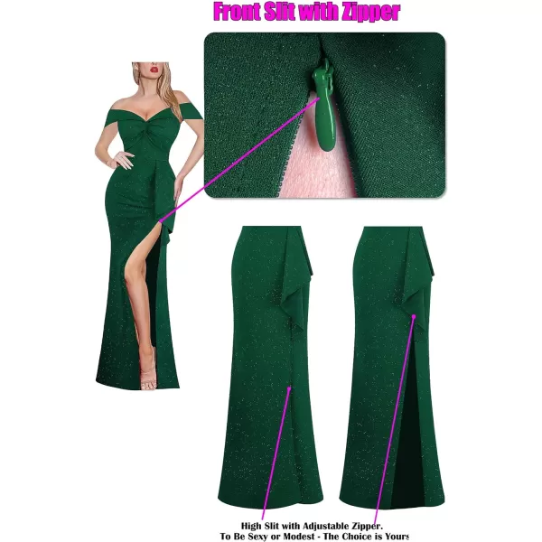 VFSHOW Womens Formal Off Shoulder Ruched Ruffle Prom Wedding Guest Maxi Dress Twist Front 2023 High Split Evening Long GownSparkly Dark Green